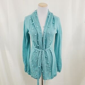 Anthropologie Knitted & Knotted Kose Teal Pom Pom Cardigan
